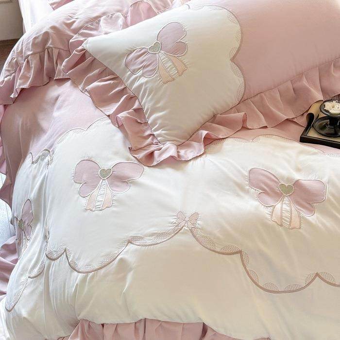 式公主风床上四件套水洗棉床单床刺法绣款花95B24040边被套笠学生