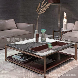 现代轻奢简约长方形Pan多拉奢石餐桌天然大理石正方形茶几组合