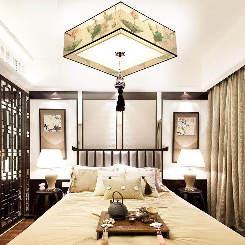 新中式吸顶灯卧大室圆形古典LED中灯USY式灯布艺客厅书房酒店气灯