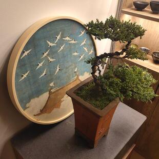 宋房徽宗鹤图式新中装饰画圆瑞形茶室客厅实木挂画UHA玄关书餐厅