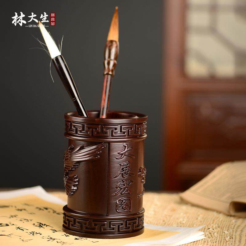 黑檀木雕大展宏图笔筒工艺品办公室书桌家居客厅木质笔筒摆件送礼,收纳整理,烫衣板及配件,淘宝优惠券,粉丝福利购,淘宝优惠卷