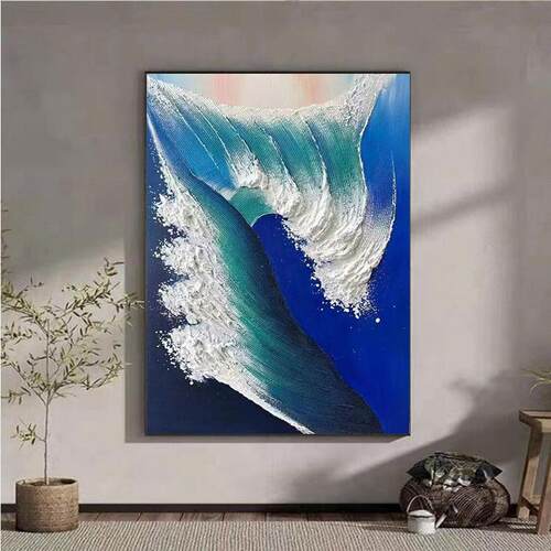 纯手绘油画海浪星空肌理客厅现代装饰画蓝色极简落地大幅沙发背景