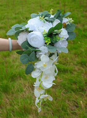 仿真白色森系婚SPH-6110礼水滴手捧花玫瑰蝶兰加利高叶蝴级尤感新