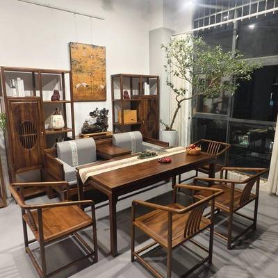 实木胡桃木茶桌六件套去客厅化样板间茶室休闲马蹄桌