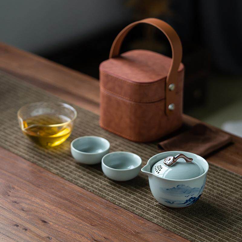 手绘山水旅行茶具套装快客杯户外便携包式一壶二杯陶瓷泡茶碗