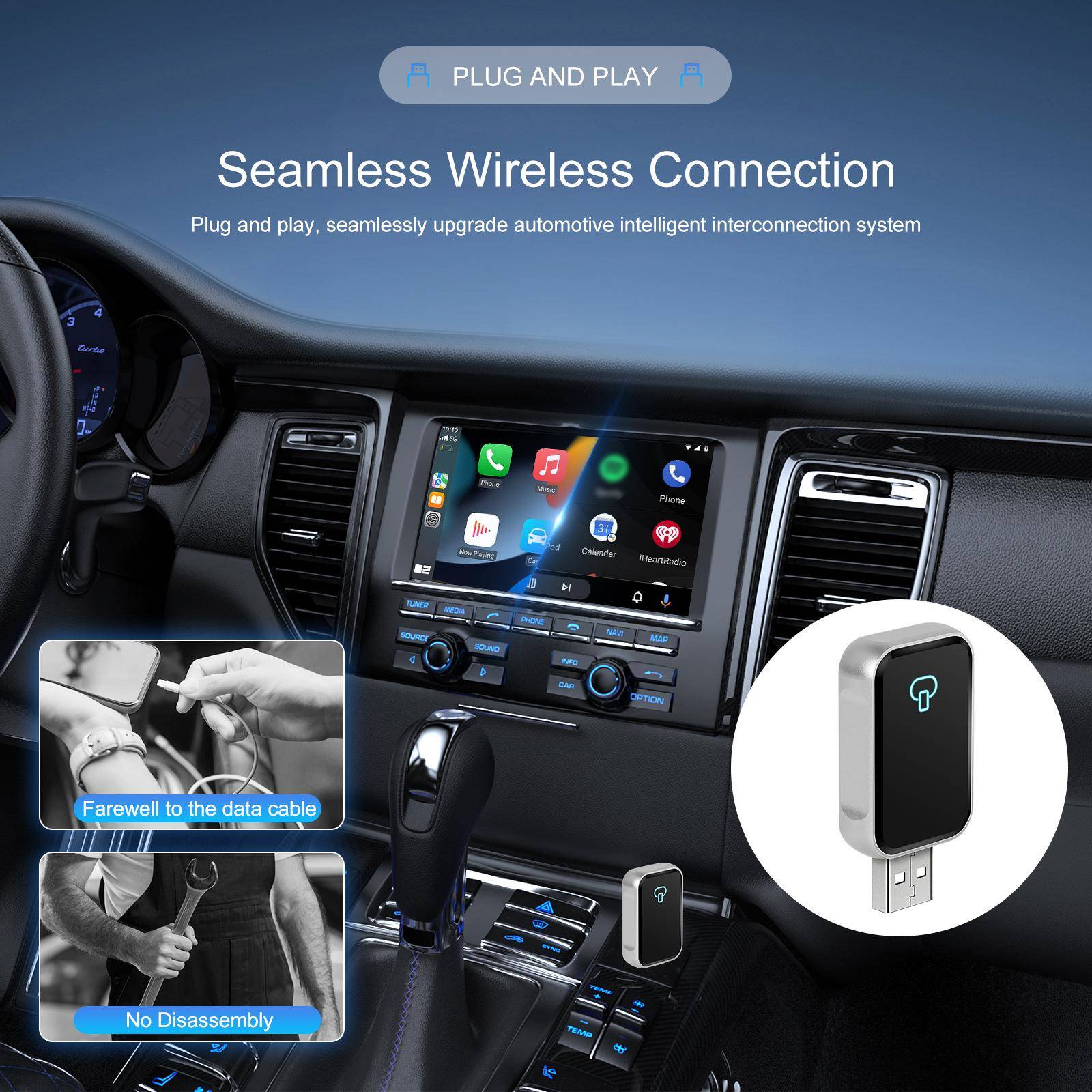 新品车载有线转无线Carplay/无线Auto盒子二合一镜面车机互联