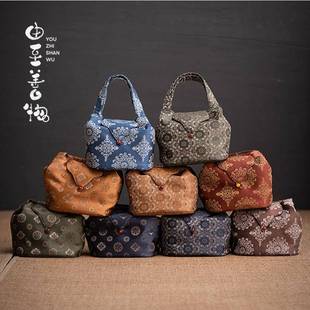 织锦团花纹茶事包茶具收纳包袋便携旅行户外喝茶茶器复古手工织锦