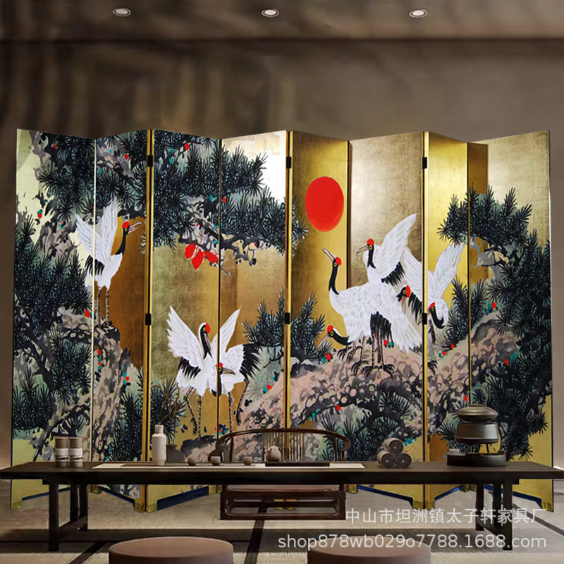中式彩绘屏风手绘漆画工艺屏风隔断家居玄头屏障酒店大堂摆件装饰