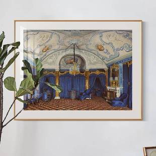 欧式复古宫殿装饰画法式风餐厅玄关美式壁画客厅蓝色冬宫建筑挂画