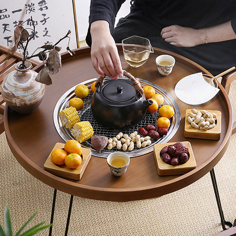 竹制烧烤火锅桌烧烤炭炉无烟围炉煮茶桌茶几家用室内小圆桌带椅子