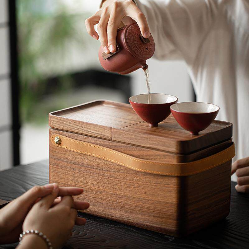 胡桃木茶具收纳盒户外露营茶杯收纳箱旅行便携式多功能创意泡茶盘