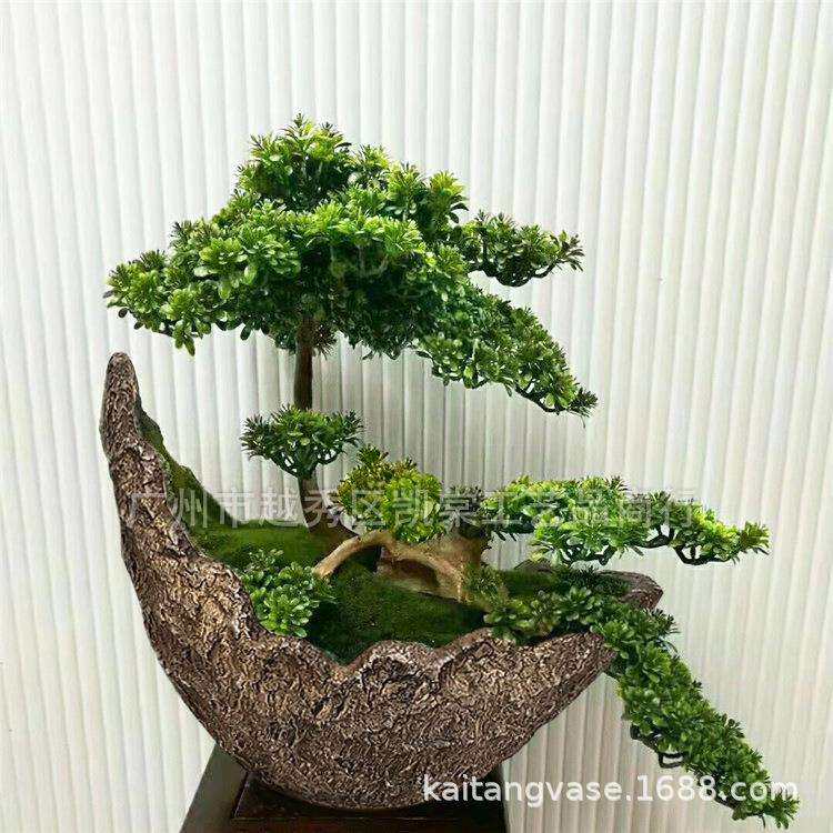 欧式树脂迎客松月亮型花盆酒店玄关软装微景观餐台花艺摆件