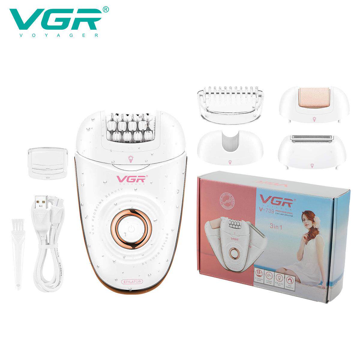 VGR739新款三合一女士剃毛器IPX4级防水拔毛器电动充电脱毛机