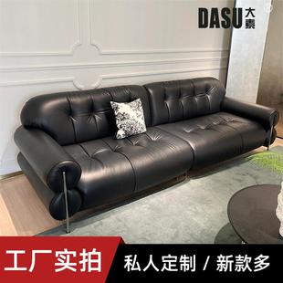 黑糖云朵沙发中古风油蜡皮极简直排设计师高脚美式 小户型复古沙发