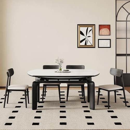 轻奢简约实木岩板餐桌小户型方圆两用诧寂风可伸缩岩板餐桌椅家用