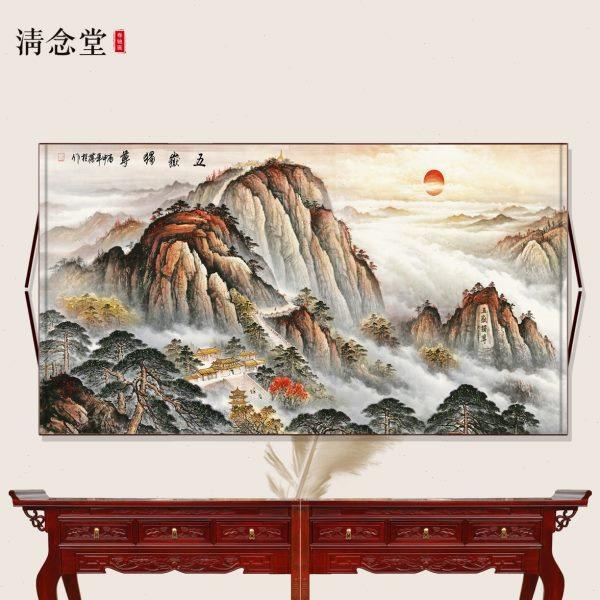 客厅国画日出泰山山水画横版办公室背景靠山图卷轴画五岳独尊挂画