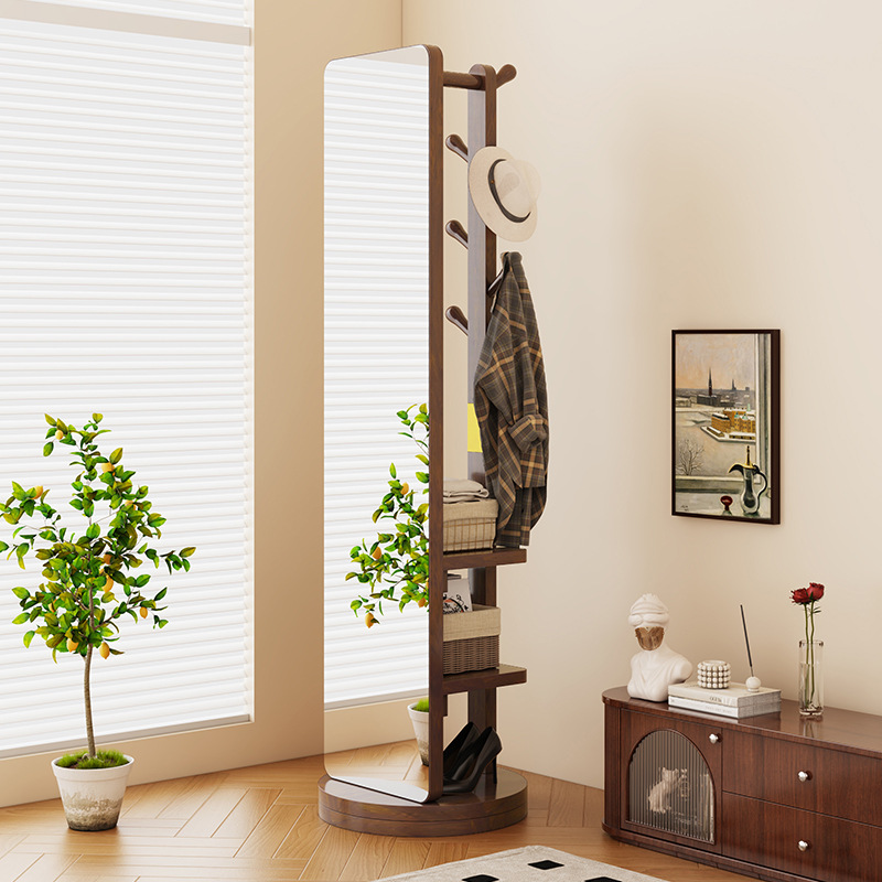 简约实木衣帽架中式复古落地晾衣架挂衣架鞋架一体式家用穿衣镜子