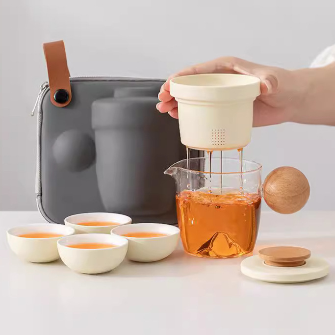 玻璃旅行茶具套装户外便携式快客杯一壶四杯随身露营陶瓷茶壶茶杯