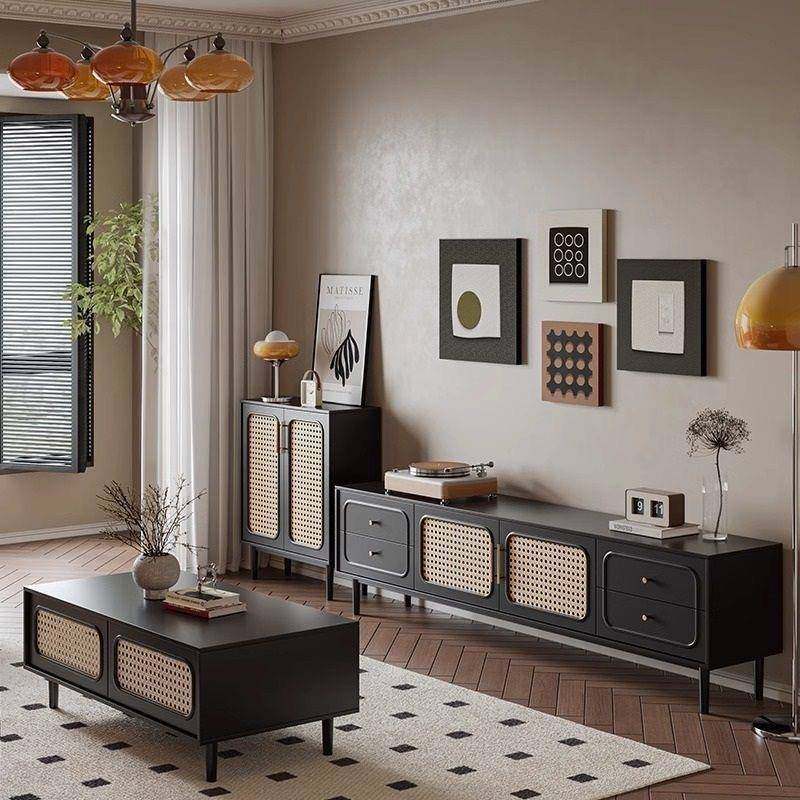 现代复古电视柜茶几组合客厅家用轻奢简约现代新款黑色电视柜机柜