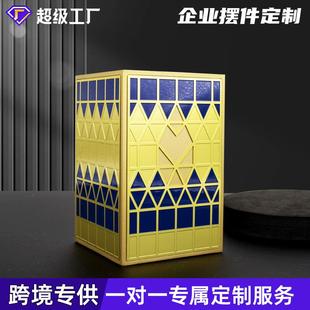 外贸合金桌面装饰摆件创意办公收纳用品金属方形笔筒摆件