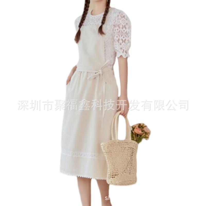 新款北欧简约蕾丝花边亚麻棉加厚家居系带花艺绘画女士围裙