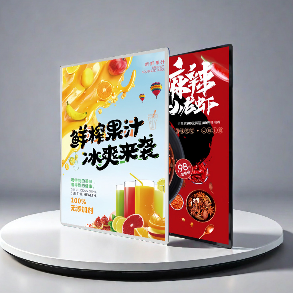 led超薄灯箱挂墙式广告牌 钢化玻璃抽换画设计 餐饮店产品展示牌