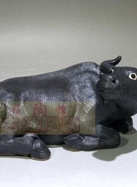 陶瓷工艺品石湾公仔家居装饰品礼品客厅玄关摆件黑色卧水牛左