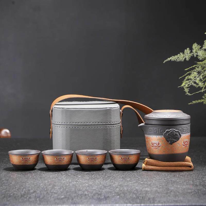 便携式高档紫砂旅行茶具套装带茶盘一壶四杯旅游茶具可刻字随手礼