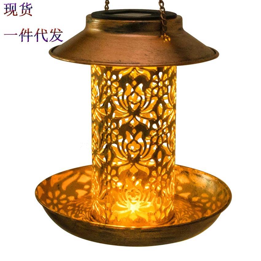 现货太阳能喂鸟器灯 LED铁艺金属喂鸟器挂灯 户外花园庭院喂鸟灯
