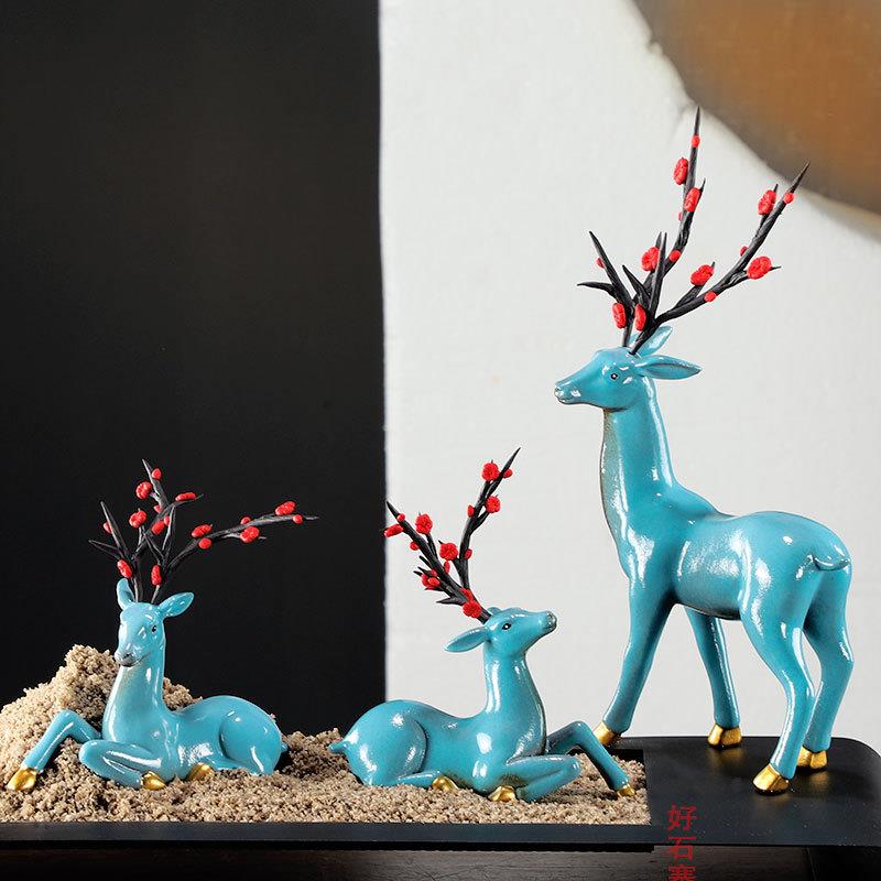 陶瓷中式沙盘梅花鹿摆件家居客厅电视柜酒柜装饰品桌面玄关工艺品