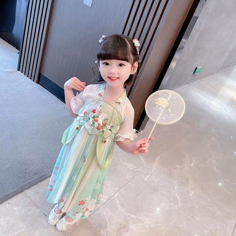 女童汉服2025夏装短袖儿童唐装小女孩仙女中国风雪纺宝宝连衣裙