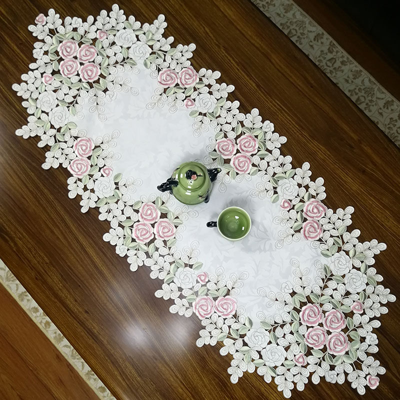 中式欧式国潮布艺绣花玫瑰茶旗桌旗桌垫镂空盖巾餐垫餐桌实木桌旗