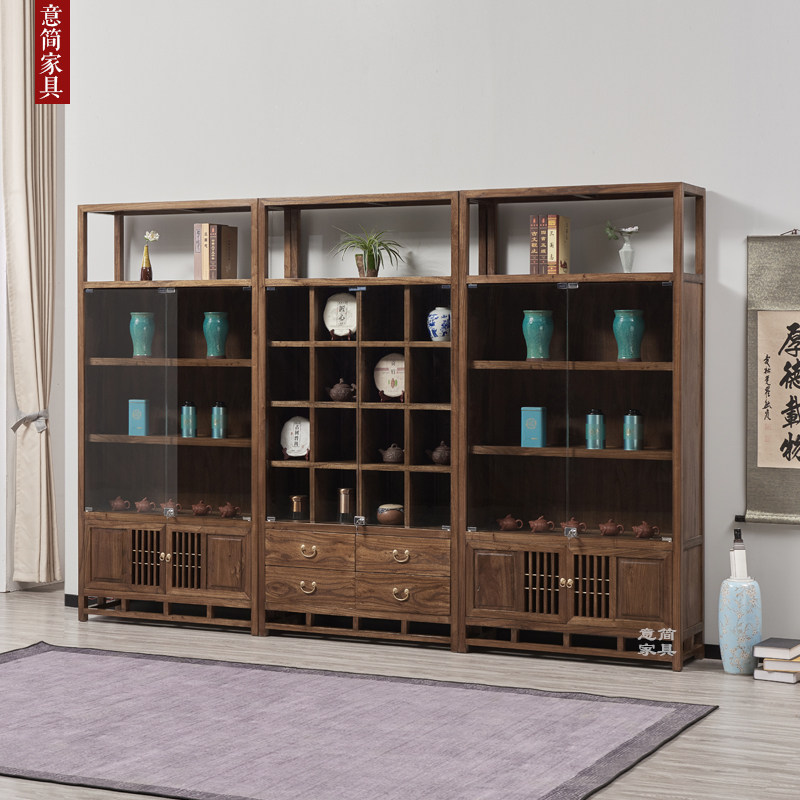 博古架实木中式带玻璃展示柜茶室茶叶置物架榆木多宝阁陈列架书架