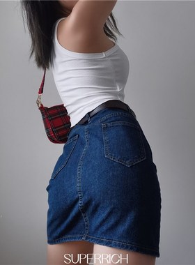 SUP美式夏季复古高腰原色牛仔深蓝色包臀半身裙A字裙小个子短裙女