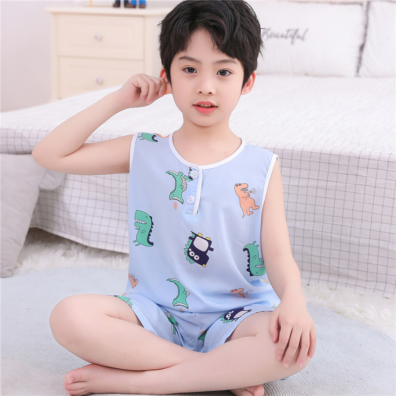 夏季儿童棉绸背心透气宝宝绵绸无袖套装男童女孩小中童家居服睡衣