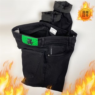 高端款 冬季薄绒抓毛牛仔裤男士纯黑色简约百搭休闲修身小脚长裤