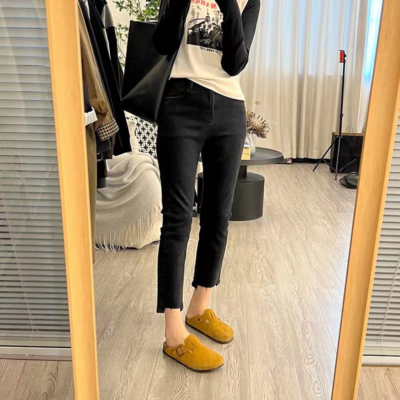 秋冬新款薄绒大码弹力小直筒牛仔裤女胖妹妹八分高腰显瘦烟管裤子