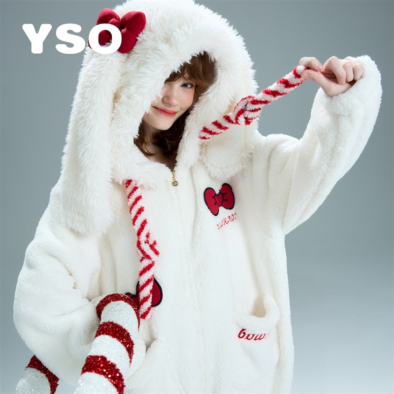 yso【礼物系列】连体睡衣女冬季珊瑚绒家居服新年红色过年家居服D