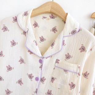 纯棉纱布睡衣女款春秋夏款长袖套装可爱卡通泡泡棉纱甜美家居服