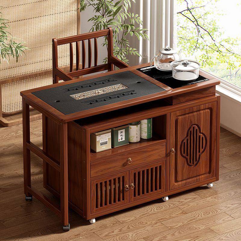 新中式可移动折叠茶车旋转茶桌椅组合非实木边几家用客厅阳台茶台