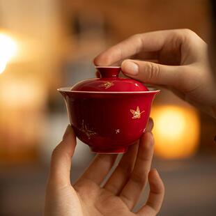 墨己国潮烫金舞蝶陶盖碗用泡碗茶功夫茶具高岭土mjtc仿烫蝴家蝶瓷