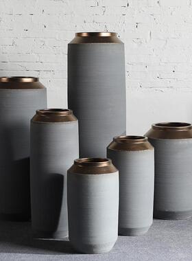 大式灰色干花粗复摆古号落地花瓶件客厅插花现欧代简约陶OCW罐陶