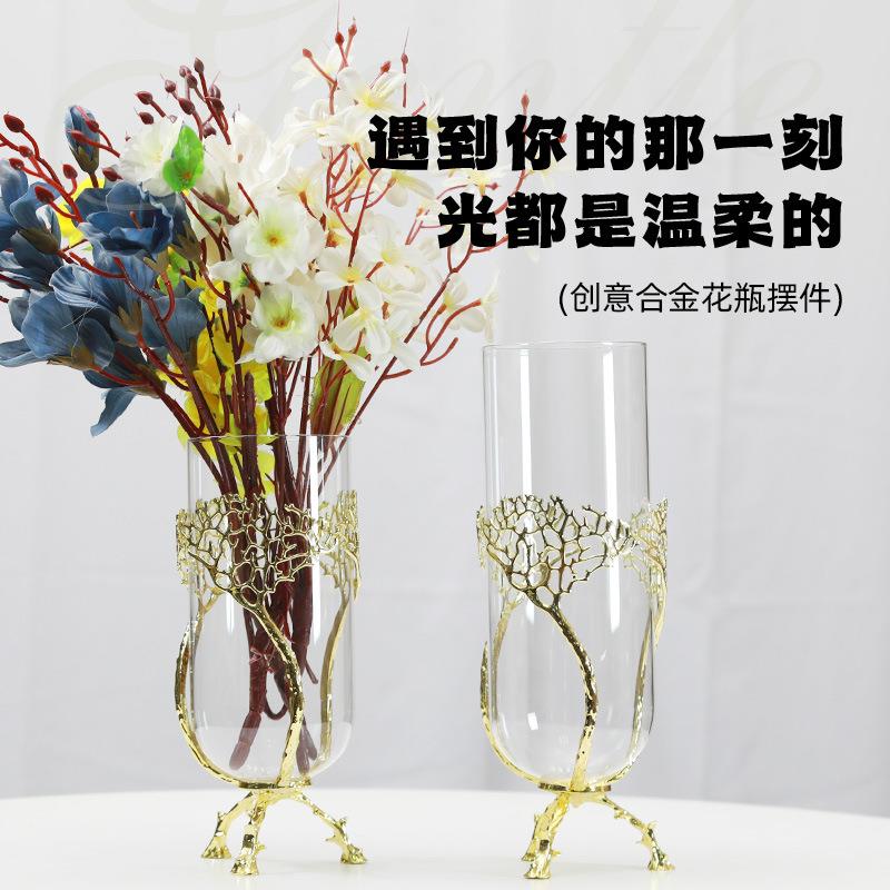 直销现代金属玻璃花瓶轻奢风格金色餐桌玄关电视柜后插花摆件