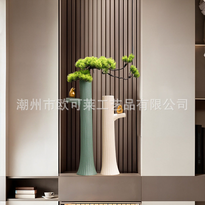 新中式迎客松陶瓷花瓶入户玄关迎客松家居装饰陶瓷花瓶落地摆件