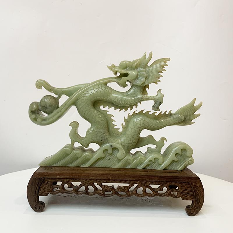 钰程本命年玉器天然原色精雕岫玉青龙戏水摆件龙饰品中国龙