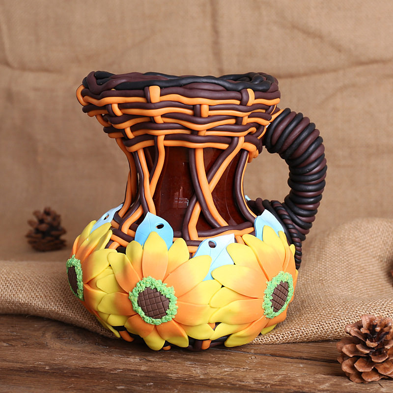 厂家批发田园风艺术品干花插花家居装饰软陶陶瓷摆件向日葵花瓶