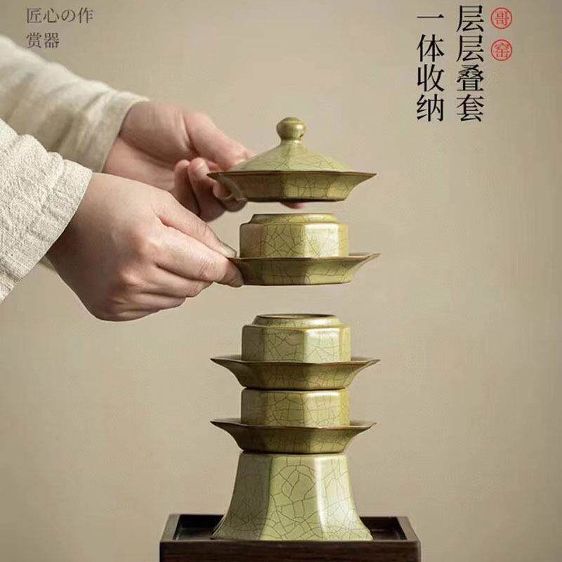 新款汝窑宝塔快客杯茶具功夫泡茶碗家用三才盖碗茶杯套装手工陶瓷