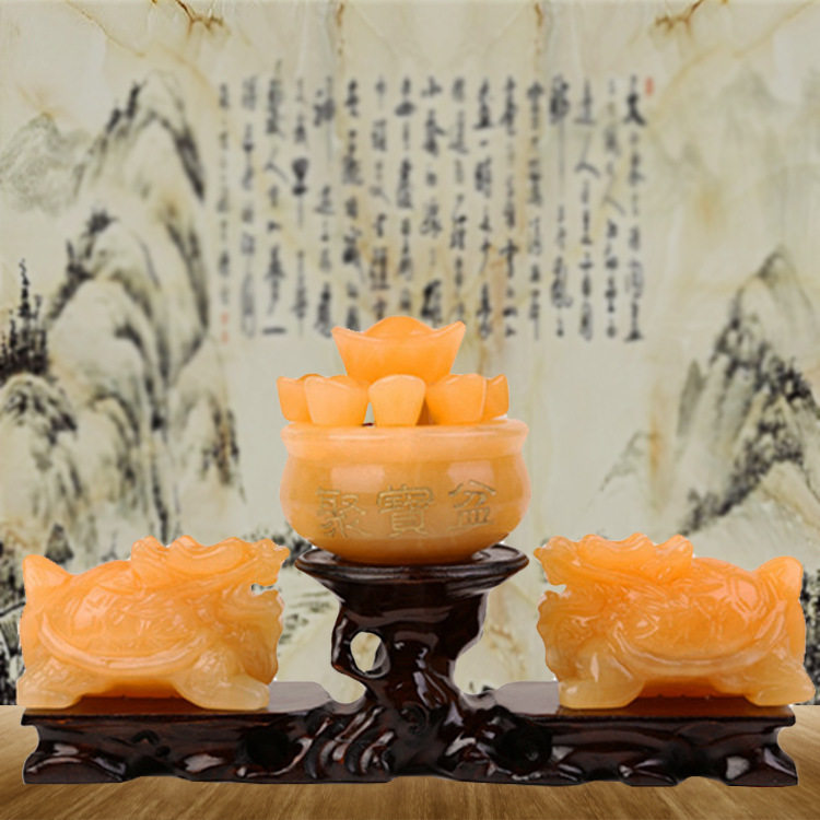 批发米黄玉龙龟阵聚宝盆元宝貔貅摆件