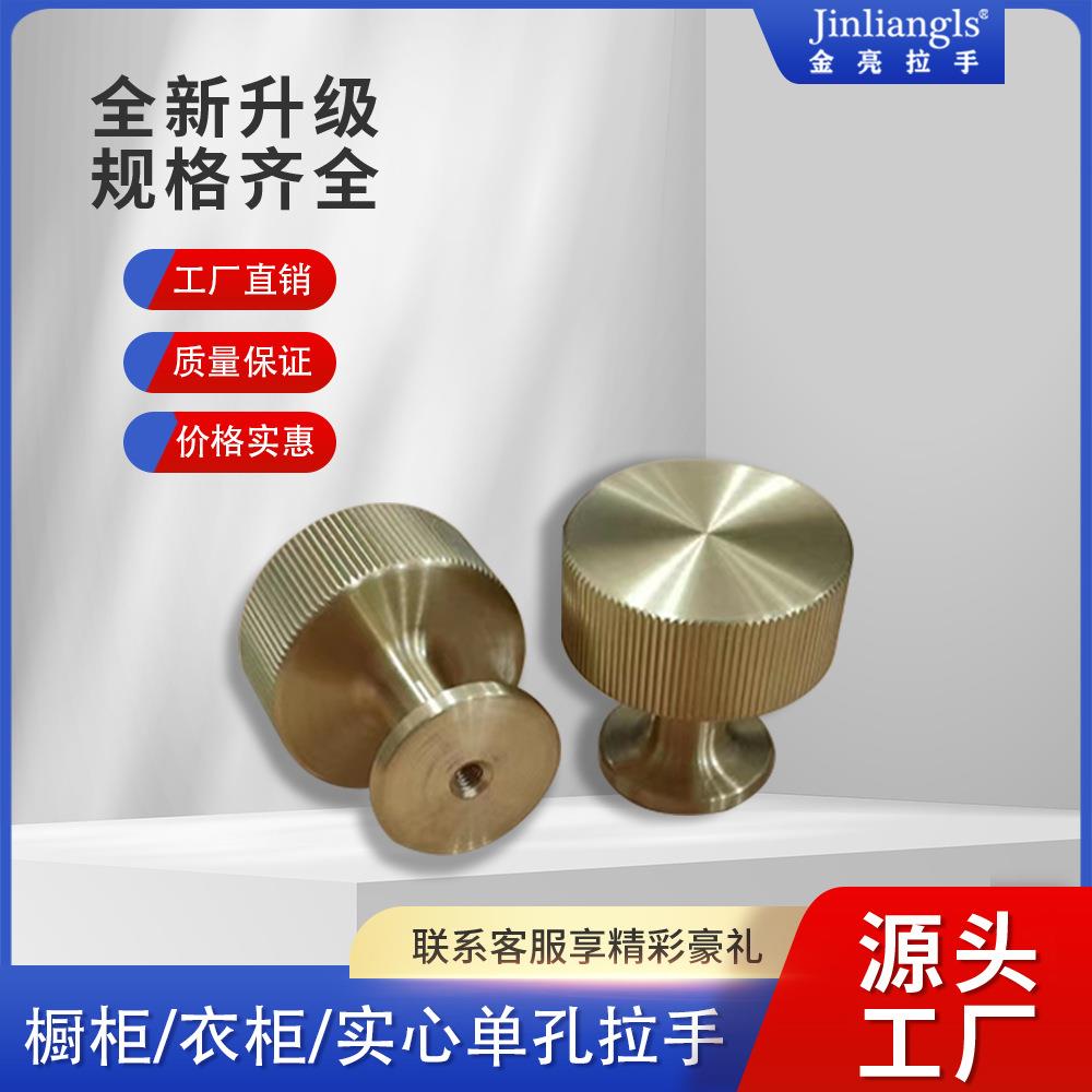 现代轻奢金色衣柜门实心纯铜拉手北欧直纹单孔抽屉橱柜子全铜拉手