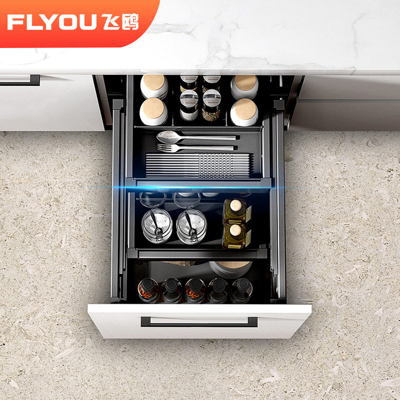 飞鸥厨房橱柜调味拉篮铝合金抽屉式开门款通用抽中抽分区调料篮,家装主材,拉篮,淘宝优惠券,粉丝福利购,淘宝优惠卷